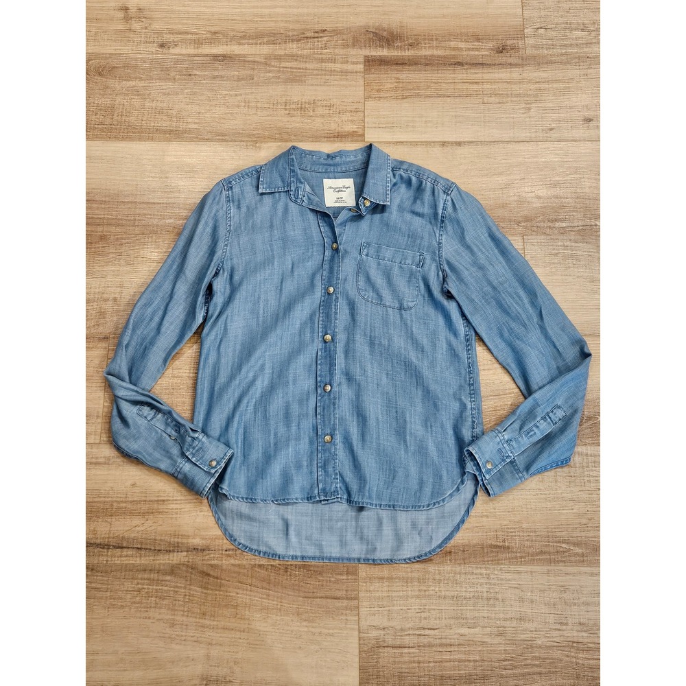 American Eagle Womens XS Chambray Shirt Blue Lyocell Button Down High Low